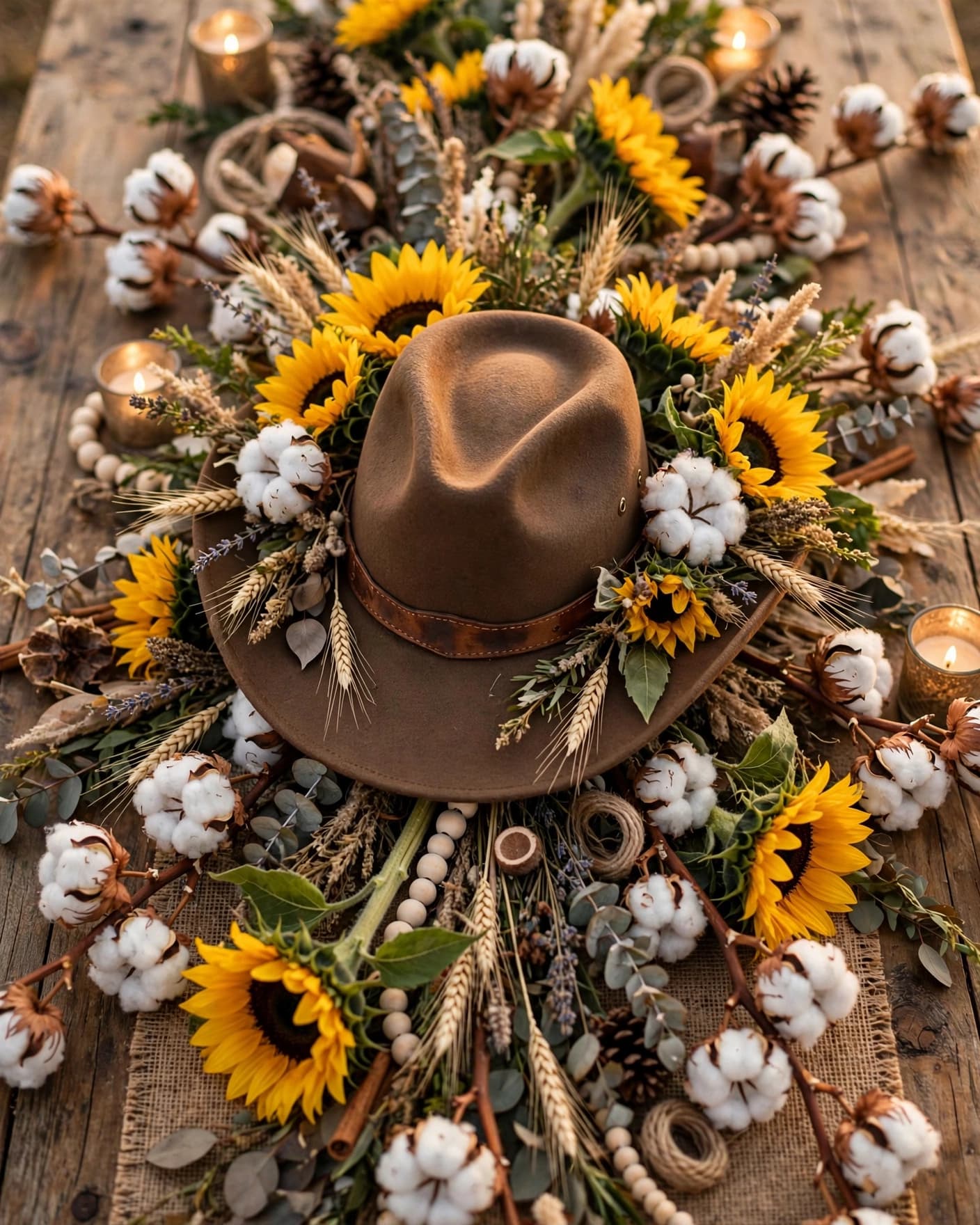 A cowboy hat centerpiece surrounded by sunflowers and cotton stems on a wooden table.