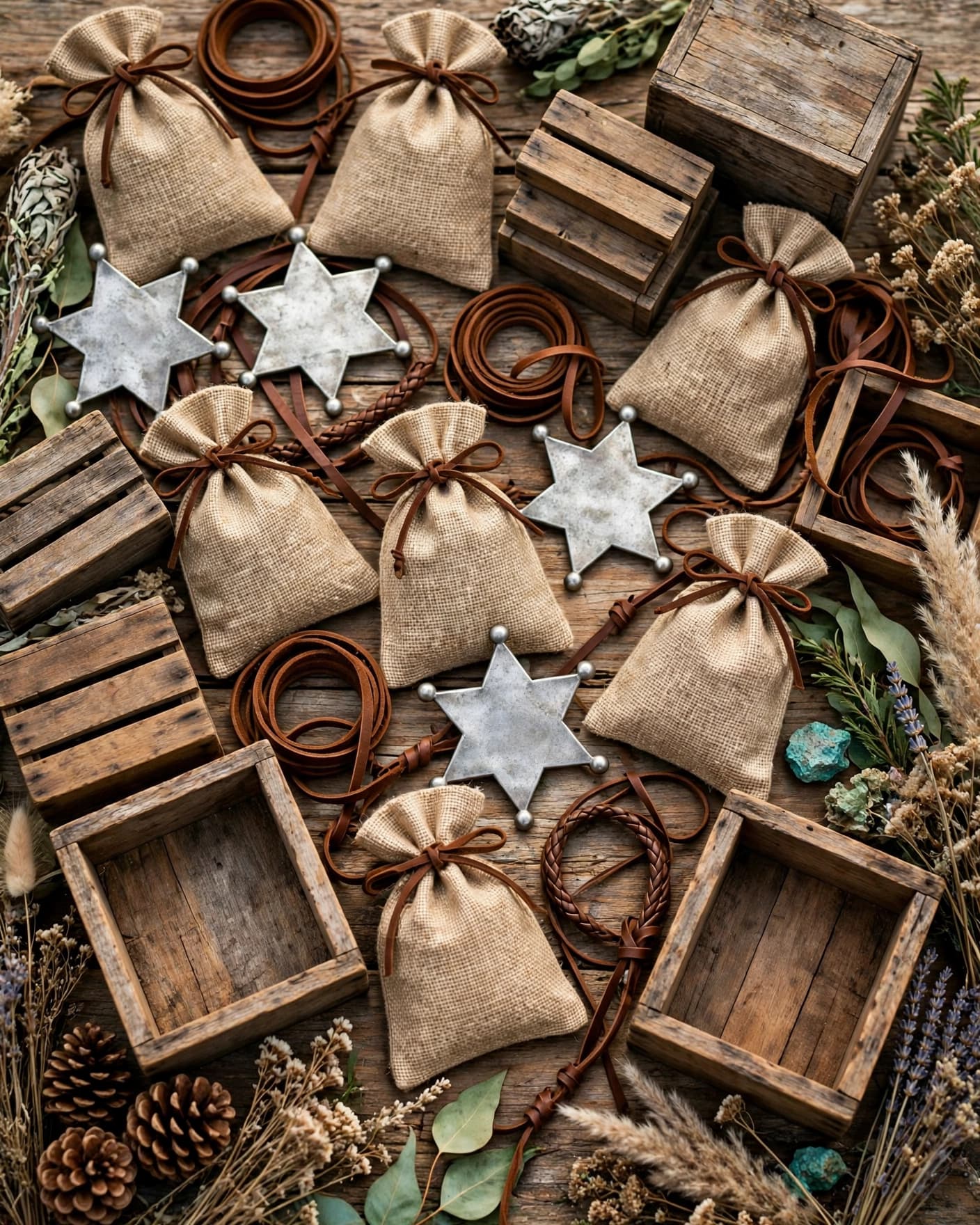 Rustic table with burlap favor bags, sheriff stars, leather ties, and wooden boxes.
