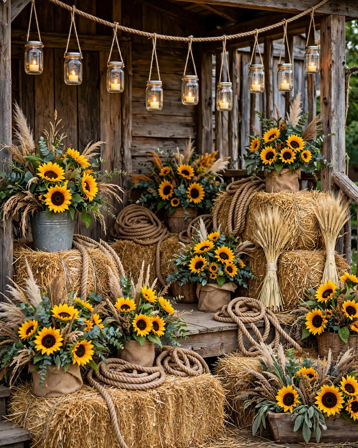 A rustic porch decorated with lanterns, hay bales, rope, and sunflowers.