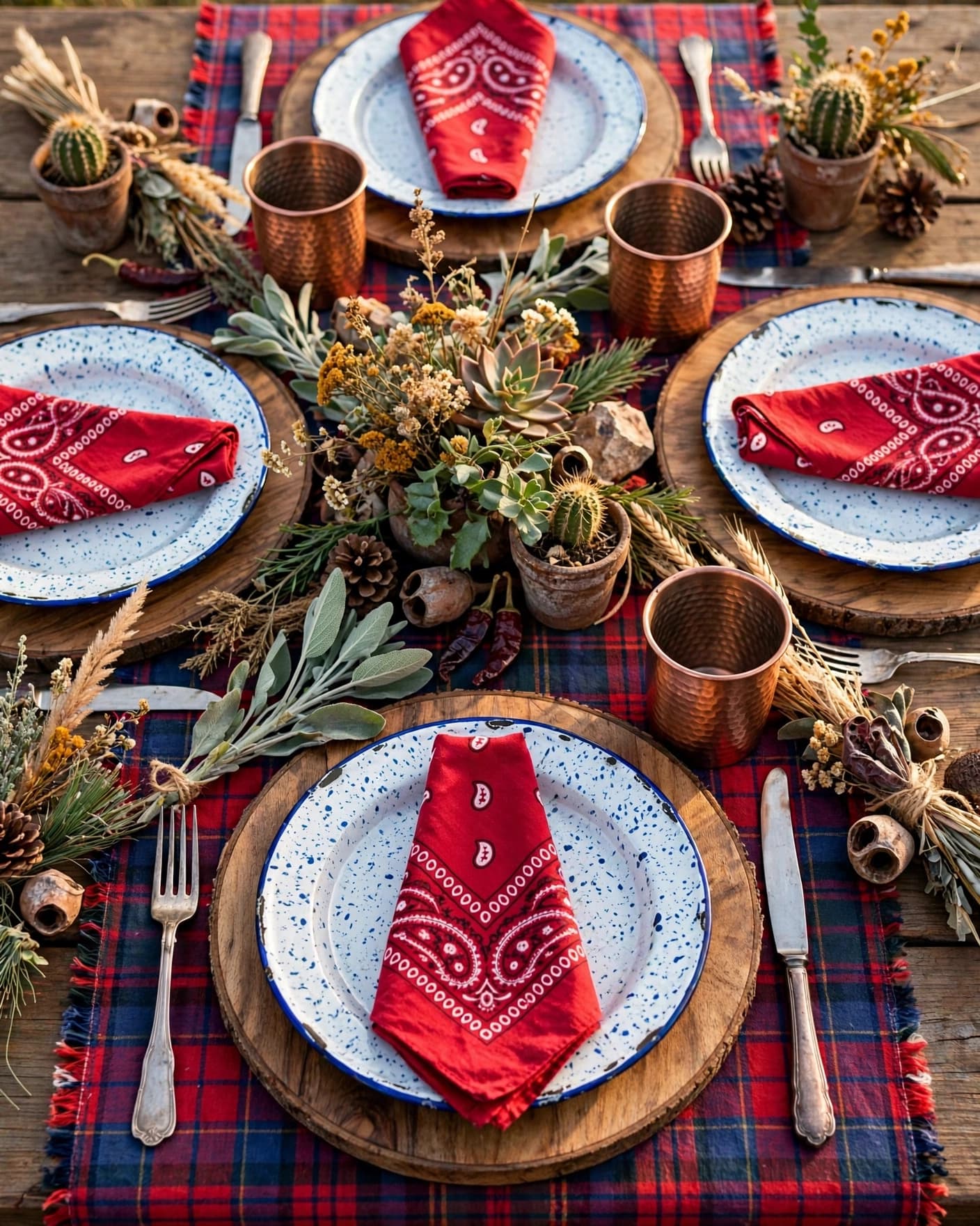 Rustic western table with plaid runner, bandana napkins, enamel plates, and copper cups.