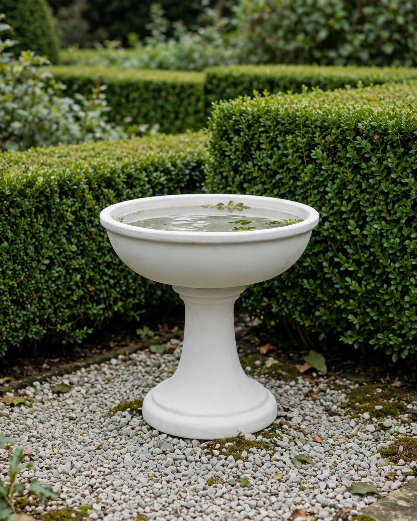 A white pedestal bird bath stands beside boxwood and gravel in a formal garden.