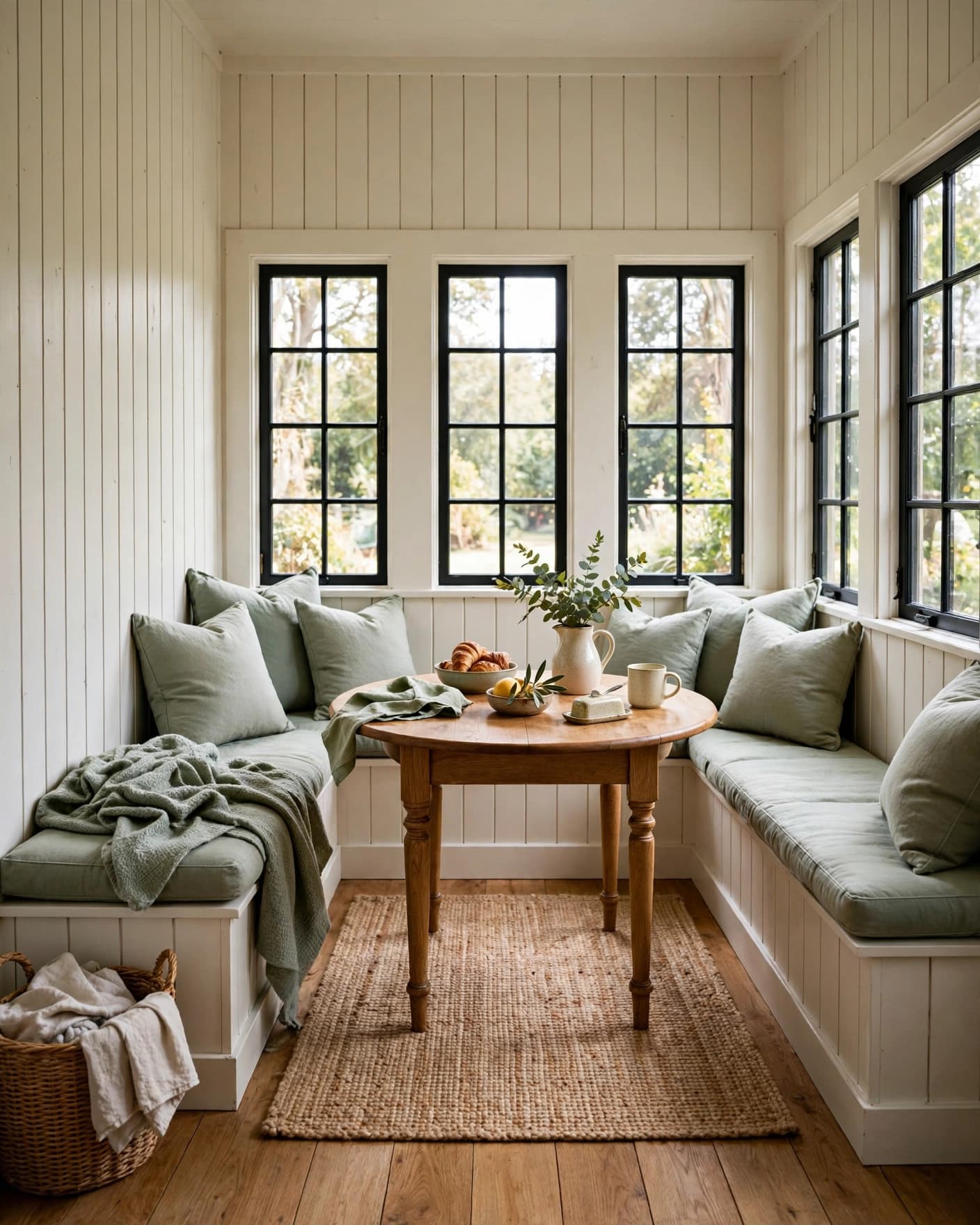 A round table and green-cushioned bench sit against white shiplap walls.