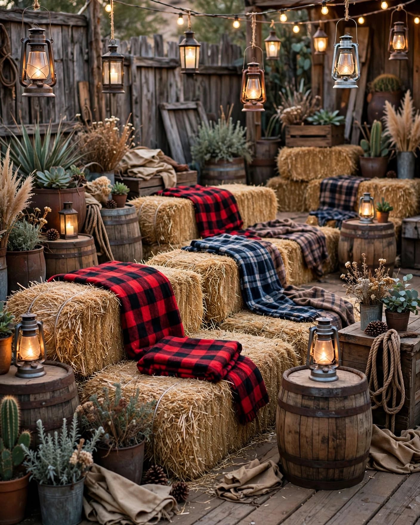 Hay bale seating with plaid blankets, lanterns, and barrels on a Western-themed patio.
