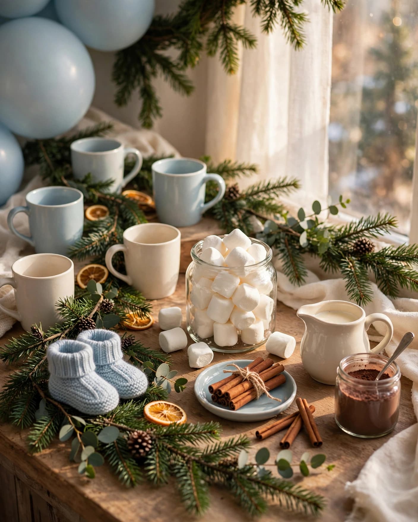 A winter cocoa bar with mugs, marshmallows, cinnamon sticks, and evergreen branches.