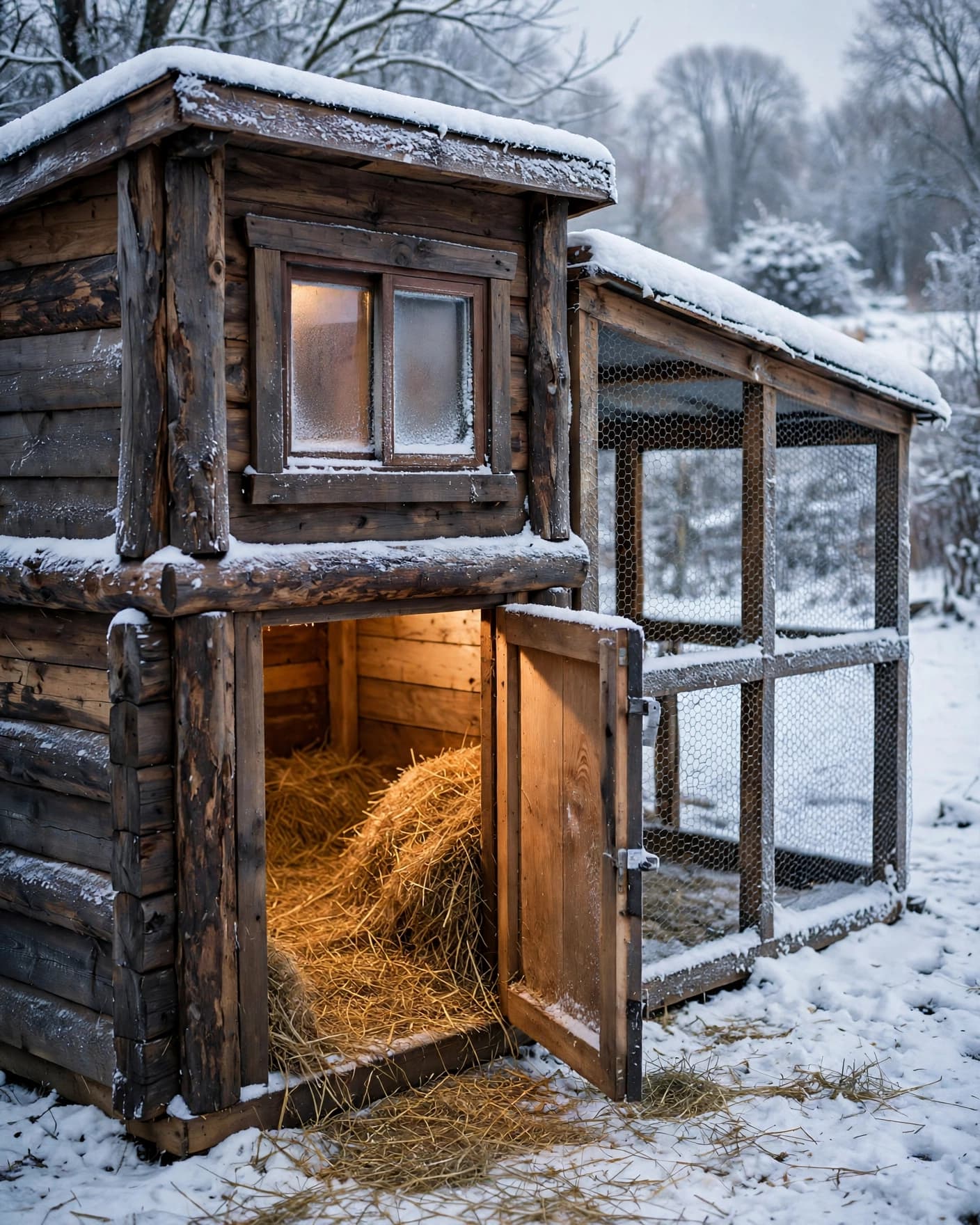 Wooden chicken coop with a covered run and straw bedding in a snowy yard.