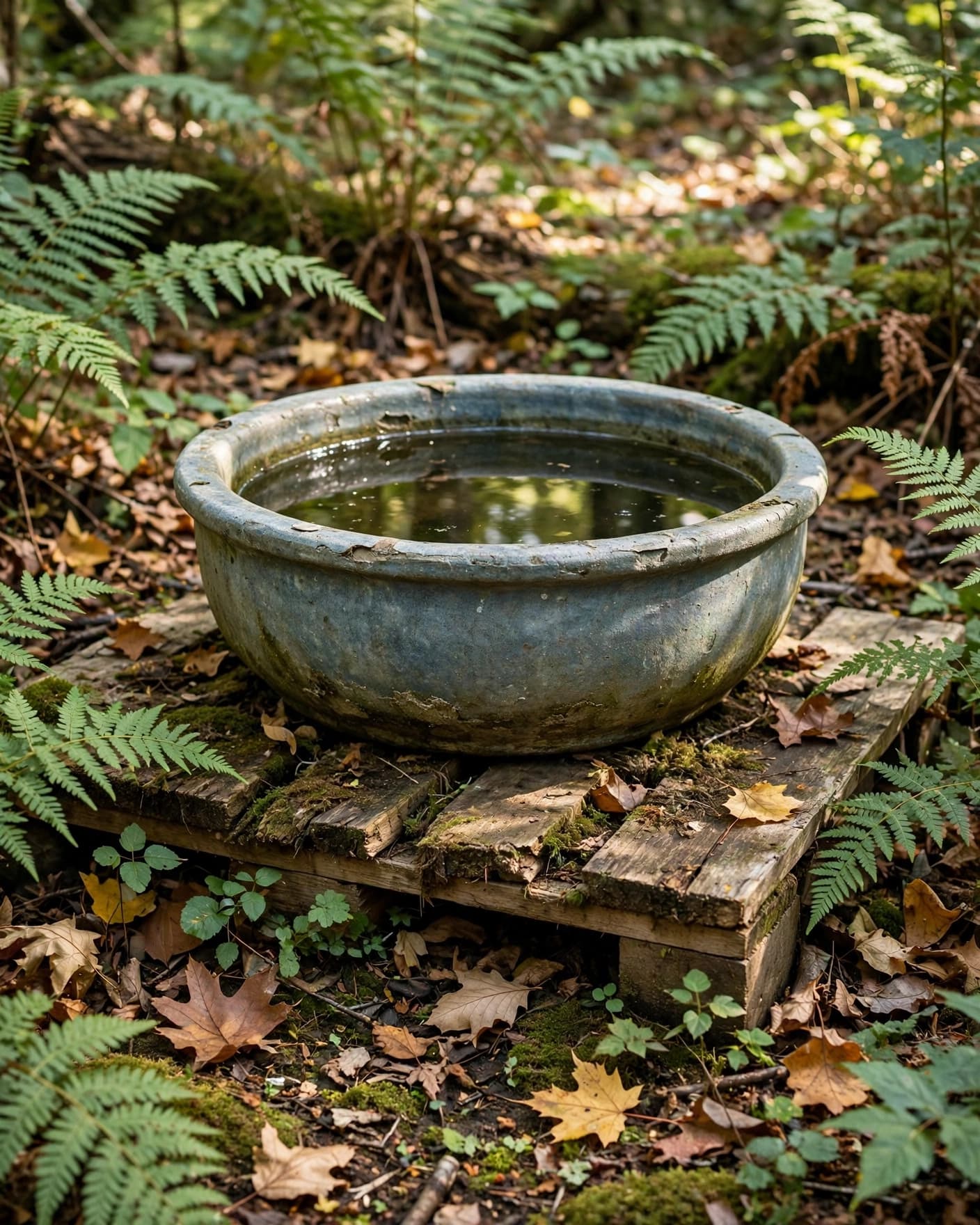 A weathered ceramic basin bird bath sits among ferns and fallen leaves.