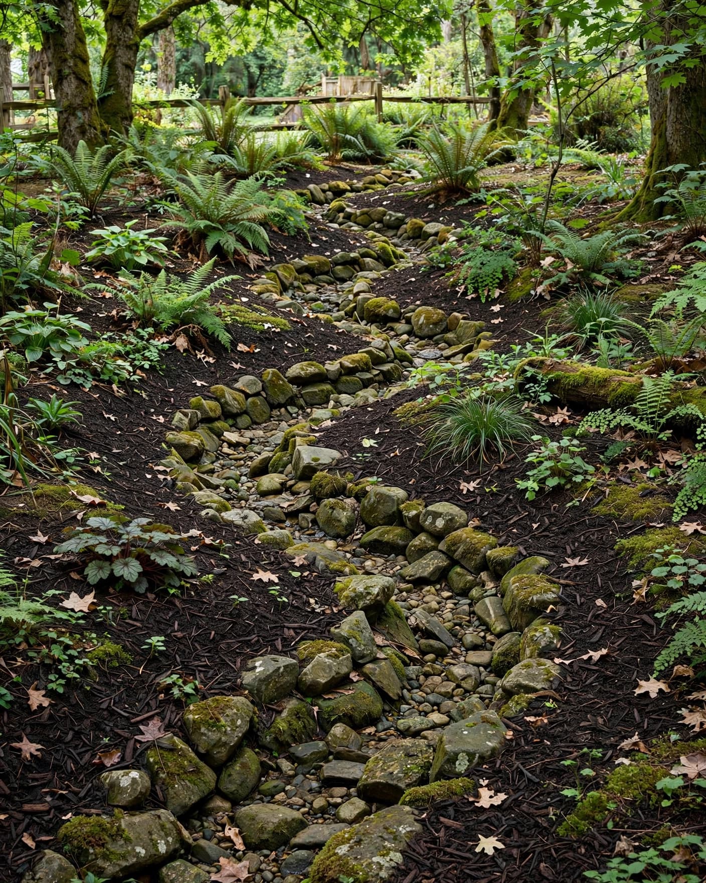 A shaded dry creek bed bordered by mossy stones, ferns, and native plants.