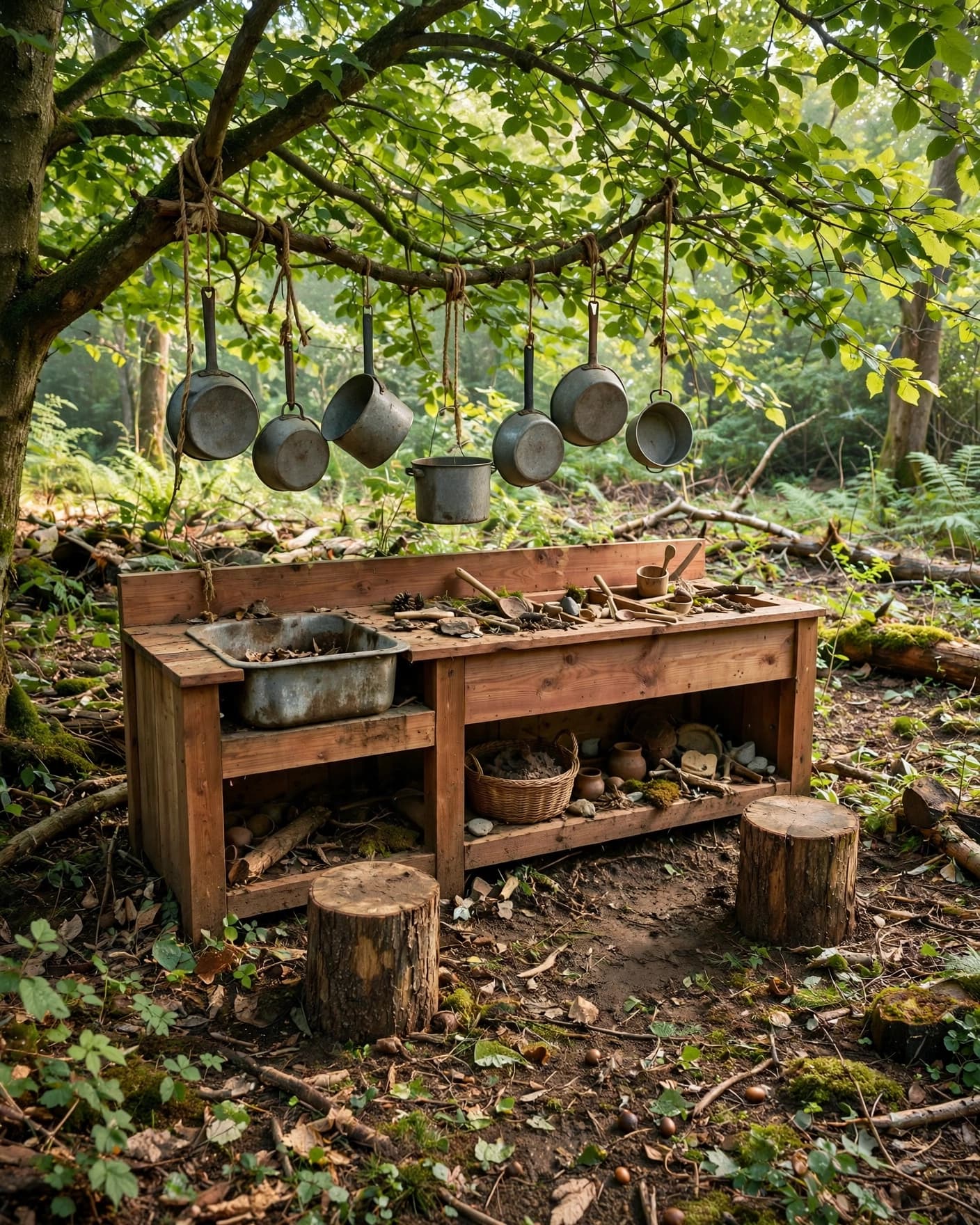 A cedar mud kitchen with a sink, hanging pots, and stump stools beneath a leafy tree.