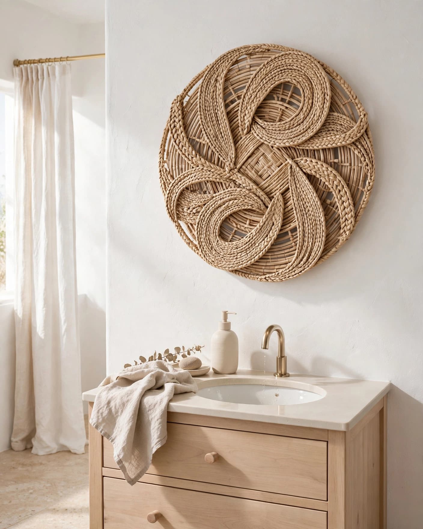 Round woven wall art hangs above a light wood vanity in a bright bathroom.