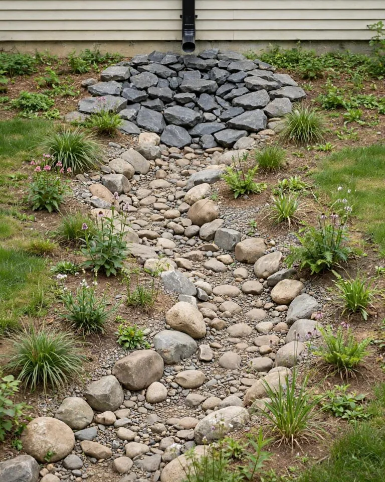 Dry creek bed beneath a downspout with river rocks and nearby rain garden plants.