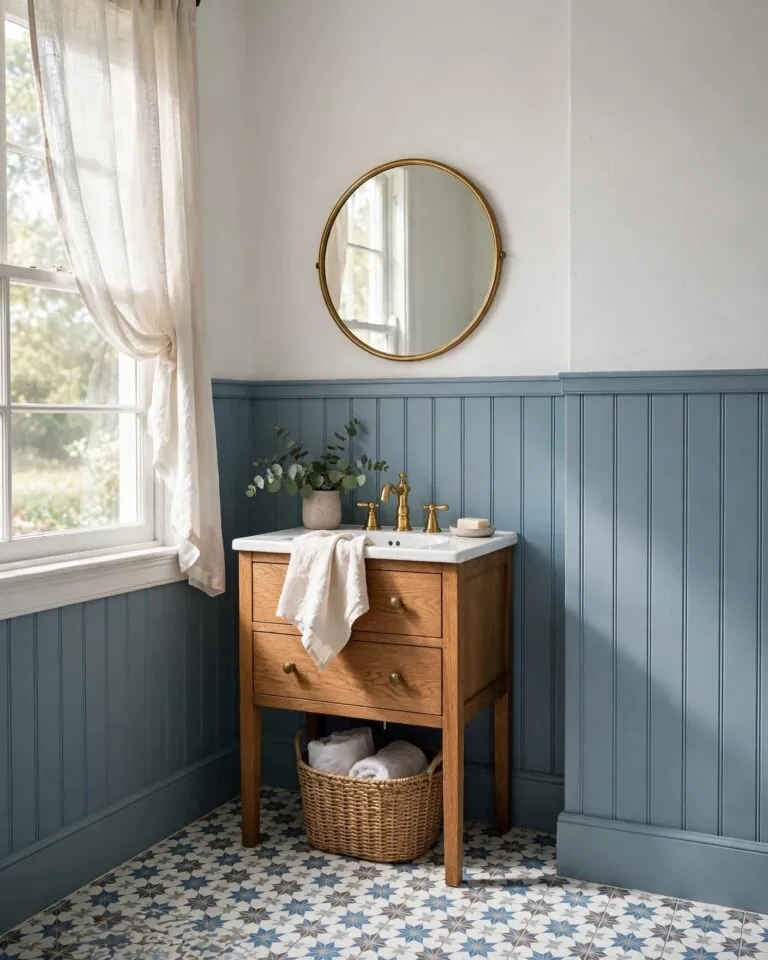 Farmhouse bathroom with dusty blue beadboard, an oak vanity, and patterned floor tiles.