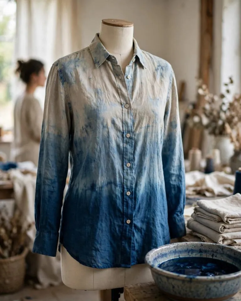 An indigo ombre linen shirt on a dress form beside a dye basin.